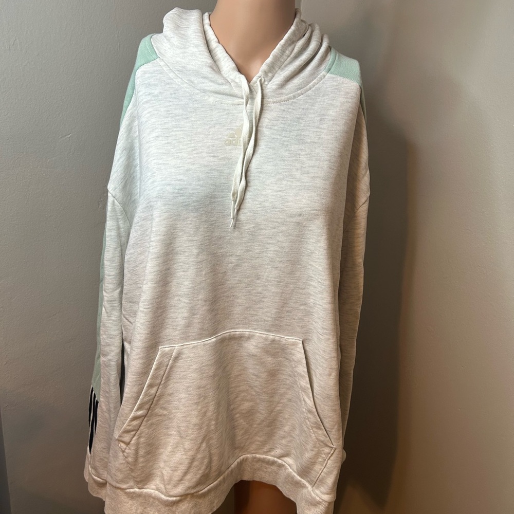 Adidas pullover hoodie logo striped sleeves size 2xl gray, green & black great